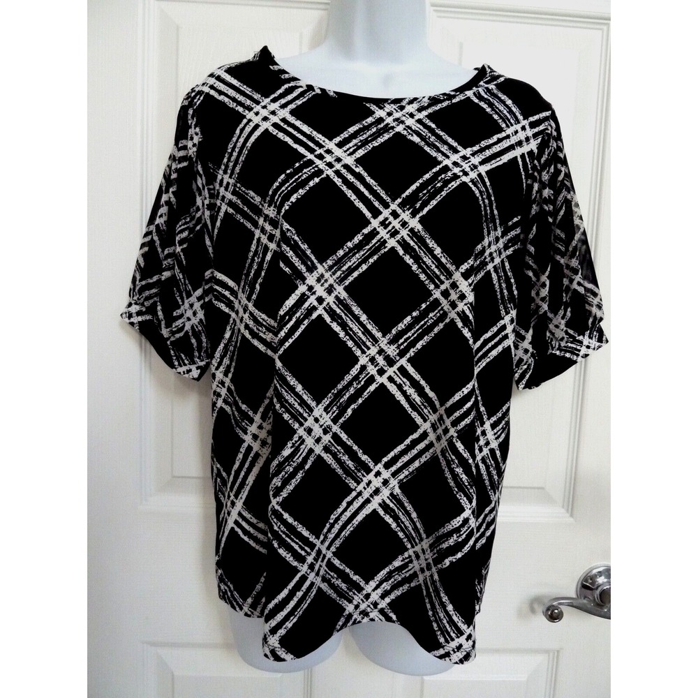 *VINTAGE ROSE Sz Med. Career Blouse Sheer Puff Sleeve Black & White*